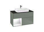 Villeroy und Boch Finion Waschtischunterschrank F362GFGM 100cm, Abdeckplatte black matt, Regal links Glossy white lacquer, Olive Matt Lacquer