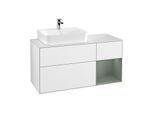 Villeroy und Boch Finion Waschtischunterschrank G151GMGF 120cm, Abdeckplatte white matt, Emotion, Regal links Olive Matt Lacquer, Glossy white lacquer