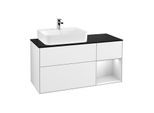 Villeroy und Boch Finion Waschtischunterschrank F152MTGF 120cm, Abdeckplatte black matt, Regal rechts White matt lacquer, Glossy white lacquer