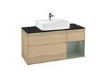 Villeroy und Boch Finion Waschtischunterschrank G172GMPC 120cm, Abdeckplatte black matt, Emotion, Regal rechts Olive Matt Lacquer, Oak Veneer