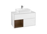 Villeroy und Boch Finion Waschtischunterschrank G111GNGF 100cm, Abdeckplatte white matt, Emotion, Regal links Walnut veneer, Glossy white lacquer