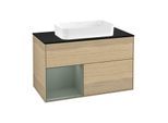 Villeroy und Boch Finion Waschtischunterschrank G242GMPC 100cm, Abdeckplatte black matt, Emotion, Regal links Olive Matt Lacquer, Oak Veneer