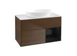 Villeroy und Boch Finion Waschtischunterschrank FA21PHGN 100cm, Abdeckplatte white matt, Regale Glossy black lacquer, Walnut veneer