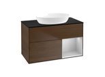 Villeroy und Boch Finion Waschtischunterschrank GA22GJGN 100cm, Abdeckplatte black matt, Emotion, Regale Light grey matt lacquer, Walnut veneer