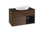 Villeroy und Boch Finion Waschtischunterschrank GA22PHGN 100cm, Abdeckplatte black matt, Emotion, Regale Glossy black lacquer, Walnut veneer