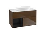 Villeroy und Boch Finion Waschtischunterschrank GA11PHGN 100cm, Abdeckplatte white matt, Emotion, Regale Glossy black lacquer, Walnut veneer