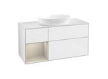 Villeroy und Boch Finion Waschtischunterschrank FA61HHGF 120cm, Abdeckplatte white matt, Regale sand matt lacquer, Glossy white lacquer