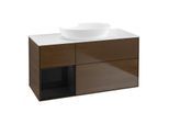 Villeroy und Boch Finion Waschtischunterschrank FA61PHGN 120cm, Abdeckplatte white matt, Regale Glossy black lacquer, Walnut veneer