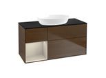 Villeroy und Boch Finion Waschtischunterschrank GA62HHGN 120cm, Abdeckplatte black matt, Emotion, Regale sand matt lacquer, Walnut veneer