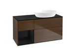 Villeroy und Boch Finion Waschtischunterschrank FA42PHGN 120cm, Abdeckplatte black matt, Regale Glossy black lacquer, Walnut veneer