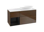 Villeroy und Boch Finion Waschtischunterschrank FA41PHGN 120cm, Abdeckplatte white matt, Regale Glossy black lacquer, Walnut veneer