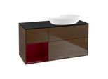 Villeroy und Boch Finion Waschtischunterschrank GA42HBGN 120cm, Abdeckplatte black matt, Emotion, Regale Peony matt lacquer, Walnut veneer