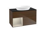 Villeroy und Boch Finion Waschtischunterschrank GA12HHGN 100cm, Abdeckplatte black matt, Emotion, Regale sand matt lacquer, Walnut veneer