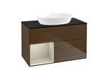Villeroy und Boch Finion Waschtischunterschrank FA12HHGN 100cm, Abdeckplatte black matt, Regale sand matt lacquer, Walnut veneer