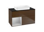 Villeroy und Boch Finion Waschtischunterschrank F652GJGN 100x60,3x50,1cm, Regal links Light grey matt, Walnut veneer