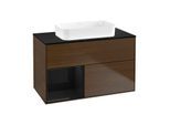 Villeroy und Boch Finion Waschtischunterschrank F652PHGN 100x60,3x50,1cm, Regal links Glossy Black Lacquer, Walnut veneer