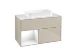 Villeroy und Boch Finion Waschtischunterschrank F651GFHH 100x60,3x50,1cm, Regal links Glossy white lacquer, Sand Matt Lacquer