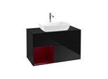 Villeroy und Boch Finion Waschtischunterschrank F772HBPH 100cm, Abdeckplatte black matt, Regale Peony matt lacquer, Glossy Black Lacquer