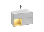 Villeroy und Boch Finion Waschtischunterschrank F771HFGJ 100cm, Abdeckplatte white matt, Regale Gold matt lacquer, Light grey matt