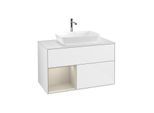 Villeroy und Boch Finion Waschtischunterschrank F771HHGF 100cm, Abdeckplatte white matt, Regale sand matt lacquer, Glossy white lacquer