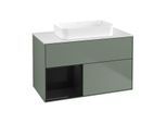 Villeroy und Boch Finion Waschtischunterschrank G651PHGM 100x60,3x50,1cm, Regal links Glossy Black Lacquer, Olive Matt Lacquer