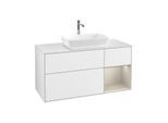 Villeroy und Boch Finion Waschtischunterschrank F831HHGF 120cm, Abdeckplatte white matt, Regale sand matt lacquer, Glossy white lacquer