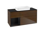 Villeroy und Boch Finion Waschtischunterschrank F702PDGN 120x60,3x50,1cm, Regal links Black matt lacquer, Walnut veneer