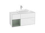 Villeroy und Boch Finion Waschtischunterschrank G821GMGF 120cm, Abdeckplatte white matt, Emotion, Regale Olive matt lacquer, Glossy white lacquer