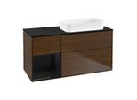 Villeroy und Boch Finion Waschtischunterschrank F682PHGN 120x60,3x50,1cm, Regal links Glossy Black Lacquer, Walnut veneer