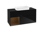 Villeroy und Boch Finion Waschtischunterschrank F702GNPH 120x60,3x50,1cm, Regal links Walnut veneer, Glossy Black Lacquer