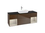 Villeroy und Boch Finion Waschtischunterschrank F862HHGN 160cm, Abdeckplatte black matt, Regale sand matt lacquer, Walnut veneer