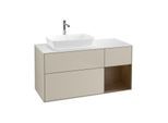 Villeroy und Boch Finion Waschtischunterschrank F811GNHH 120cm, Abdeckplatte white matt, Regale Walnut Veneer, Sand Matt Lacquer