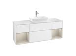 Villeroy und Boch Finion Waschtischunterschrank F861HHGF 160cm, Abdeckplatte white matt, Regale sand matt lacquer, Glossy white lacquer