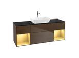 Villeroy und Boch Finion Waschtischunterschrank F862HFGN 160cm, Abdeckplatte black matt, Regale Gold matt lacquer, Walnut veneer