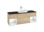 Villeroy und Boch Finion Waschtischunterschrank F862GFPC 160cm, Abdeckplatte black matt, Regale Glossy white lacquer, Oak Veneer