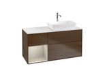 Villeroy und Boch Finion Waschtischunterschrank F801HHGN 120cm, Abdeckplatte white matt, Regale sand matt lacquer, Walnut veneer