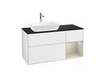 Villeroy und Boch Finion Waschtischunterschrank F812HHGF 120cm, Abdeckplatte black matt, Regale sand matt lacquer, Glossy white lacquer