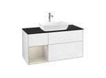 Villeroy und Boch Finion Waschtischunterschrank F822HHGF 120cm, Abdeckplatte black matt, Regale sand matt lacquer, Glossy white lacquer