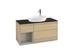 Villeroy und Boch Finion Waschtischunterschrank F942HHPC 120cm, Abdeckplatte black matt, Regale sand matt lacquer, Oak Veneer