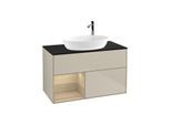 Villeroy und Boch Finion Waschtischunterschrank F892PCHH 100cm, Abdeckplatte black matt, Regale Oak Veneer, Sand Matt Lacquer