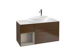 Villeroy und Boch Finion Waschtischunterschrank F941HHGN 120cm, Abdeckplatte white matt, Regale sand matt lacquer, Walnut veneer