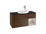 Villeroy und Boch Finion Waschtischunterschrank F952HHGN 120cm, Abdeckplatte black matt, Regale sand matt lacquer, Walnut veneer