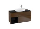 Villeroy und Boch Finion Waschtischunterschrank G942PHGN 120cm, Abdeckplatte black matt, Emotion, Regale Glossy black lacquer, Walnut veneer
