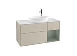 Villeroy und Boch Finion Waschtischunterschrank F951GMHH 120cm, Abdeckplatte white matt, Regale Olive matt lacquer, Sand Matt Lacquer