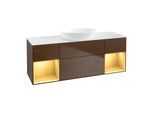 Villeroy und Boch Finion Waschtischunterschrank FD01HFGN 120cm, Abdeckplatte white matt, Regale Gold matt lacquer, Walnut veneer