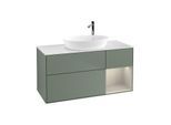 Villeroy und Boch Finion Waschtischunterschrank G951HHGM 120cm, Abdeckplatte white matt, Emotion, Regale sand matt lacquer, Olive Matt Lacquer