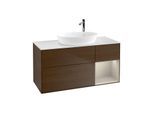 Villeroy und Boch Finion Waschtischunterschrank F951HHGN 120cm, Abdeckplatte white matt, Regale sand matt lacquer, Walnut veneer