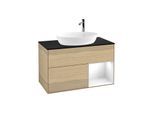 Villeroy und Boch Finion Waschtischunterschrank G902GFPC 100cm, Abdeckplatte black matt, Emotion, Regale Glossy white lacquer, Oak Veneer