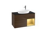 Villeroy und Boch Finion Waschtischunterschrank G902HFGN 100cm, Abdeckplatte black matt, Emotion, Regale Gold matt lacquer, Walnut veneer