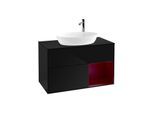 Villeroy und Boch Finion Waschtischunterschrank F902HBPH 100cm, Abdeckplatte black matt, Regale Peony matt lacquer, Glossy Black Lacquer